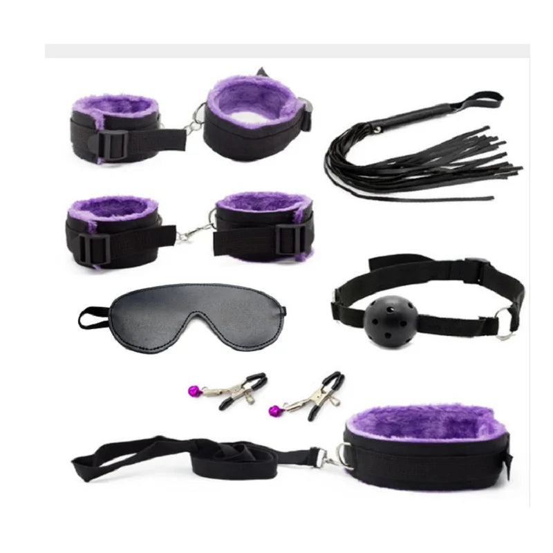 7 Pcs/set Sex Products Erotic Toys for Adults BDSM  Bondage Set Handcuffs Nipple Clamps Gag Whip Rope   For Couples