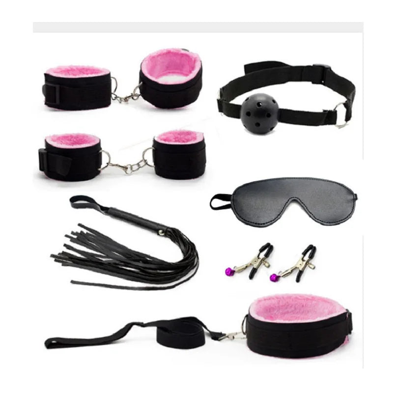 7 Pcs/set Sex Products Erotic Toys for Adults BDSM  Bondage Set Handcuffs Nipple Clamps Gag Whip Rope   For Couples
