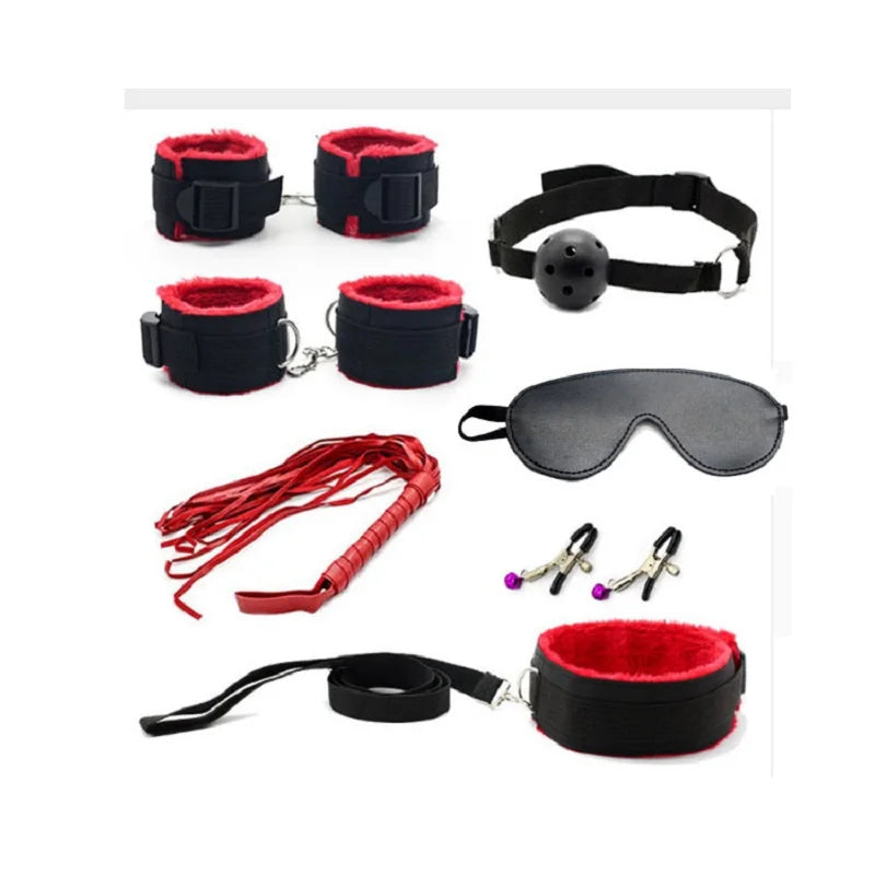 7 Pcs/set Sex Products Erotic Toys for Adults BDSM  Bondage Set Handcuffs Nipple Clamps Gag Whip Rope   For Couples