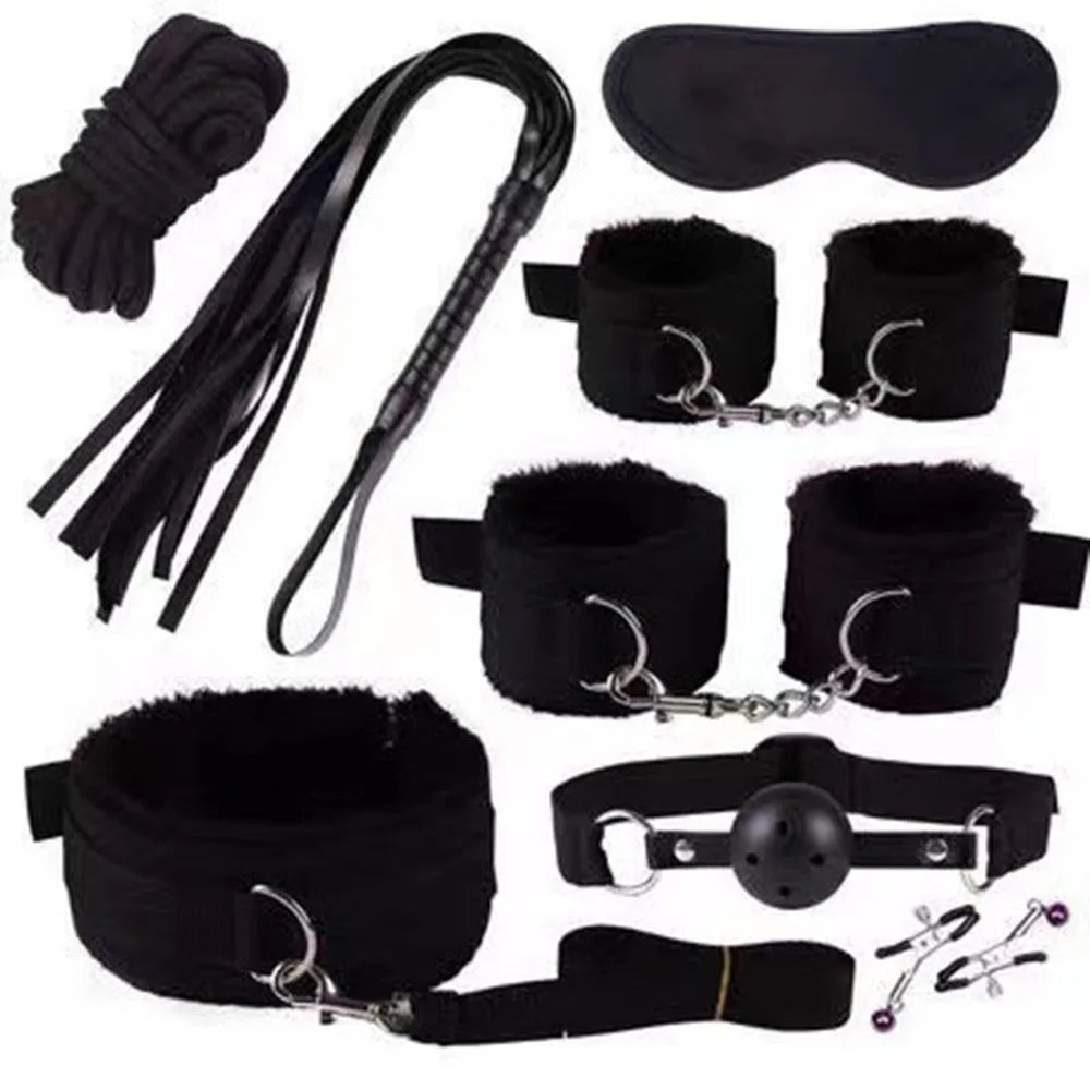 BDSM set handcuffs, foot shackles, metal anus plugs, vibration sticks, eye masks, sexy underpants, couple flirting bed bindings