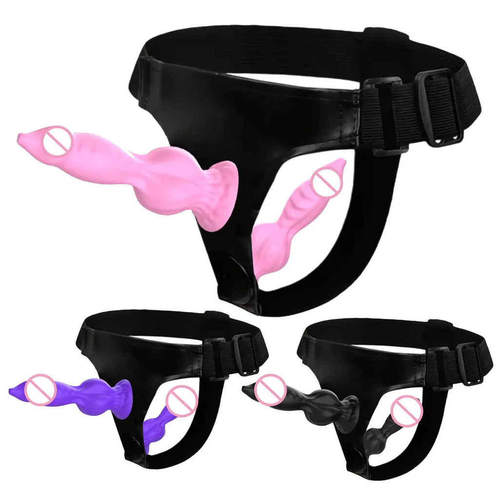Adjustable Strap-On Harness with Double Dog's penis Attachment – Soft Silicone Strap On for Couples, Hands-Free Wearable Penetr
