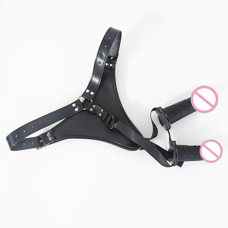 Adult Sex Toys For Women Sex Bondage Strap Adult Games Wear Tight Leather Pants With  Two Fake Silicone Dildos SM Anal Plug