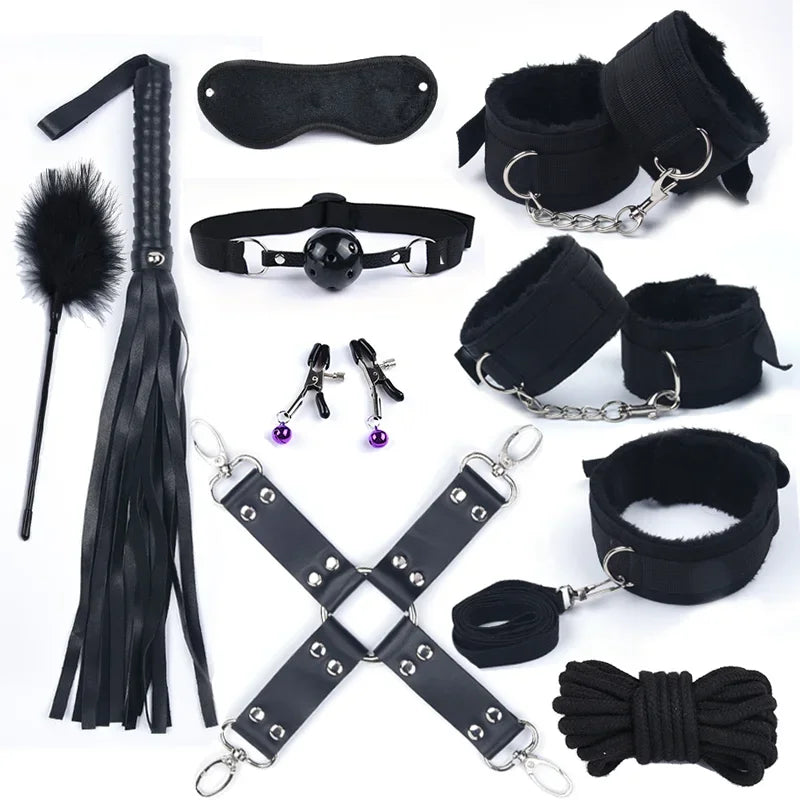 BDSM set handcuffs, foot shackles, metal anus plugs, vibration sticks, eye masks, sexy underpants, couple flirting bed bindings