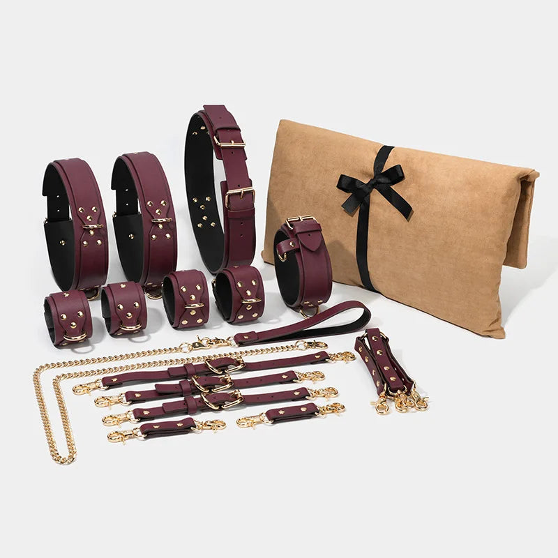 BDSM Bondage With Bag 10 PCS  Restraint Kits Handcuffs Collar Wrist Ankle Thigh cuffs Waist Belt Cross Buckle Sex Toys For Adult