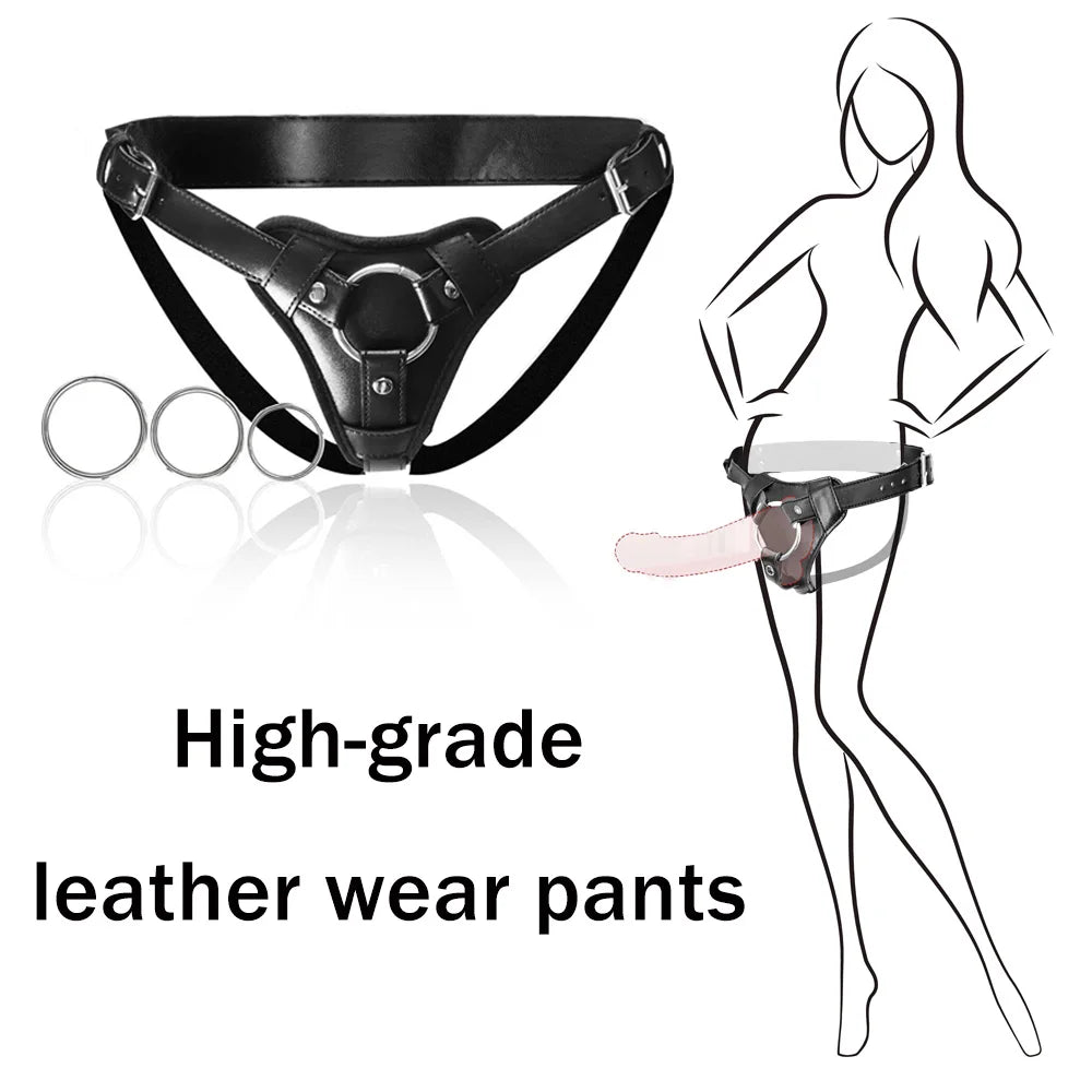 Strap On Dildo Harness Sex for BDSM, High-quality Wearable Leather Pants Men Pegging Dildo, Adjustable Belt Multiple Sizes Rings