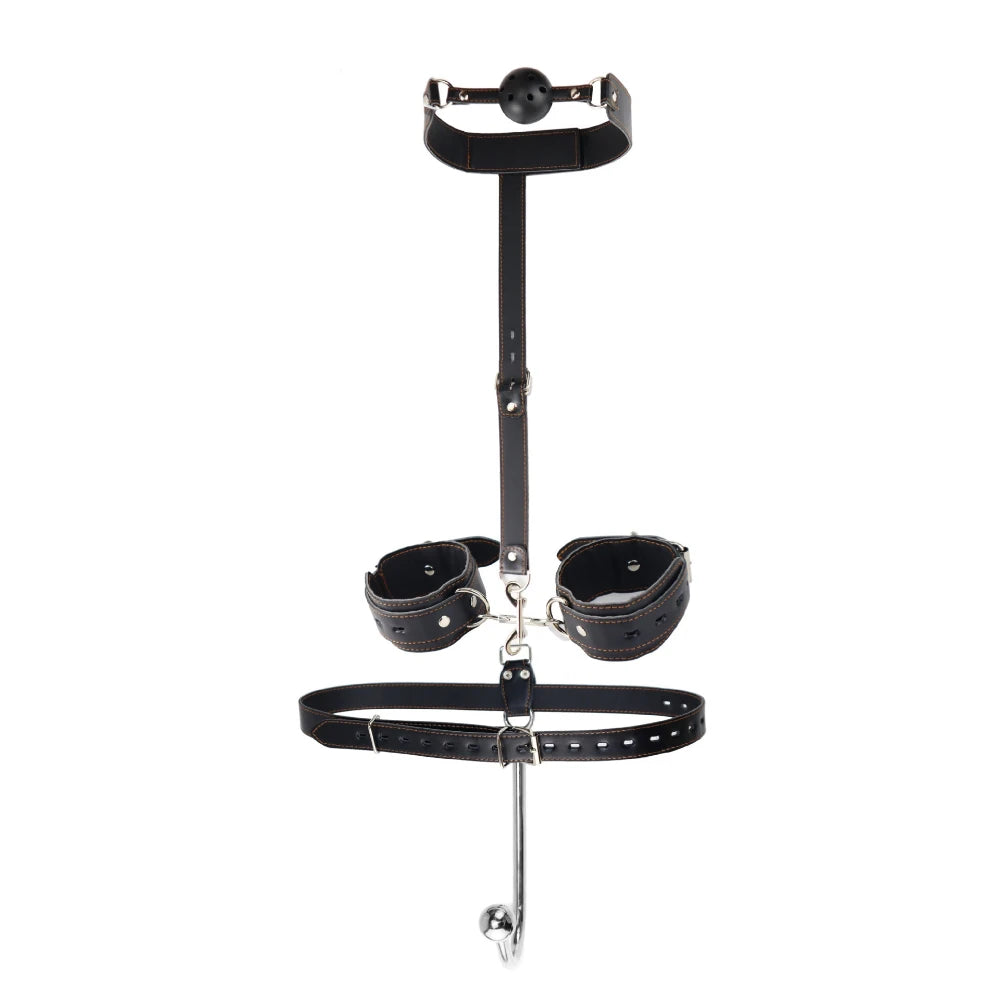 BDSM Anal Hook Bondage Kit Stainless Steel Metal Leather Handcuffs Ball Gag Mouth Gag Behind Back Restraints Couples SM Play