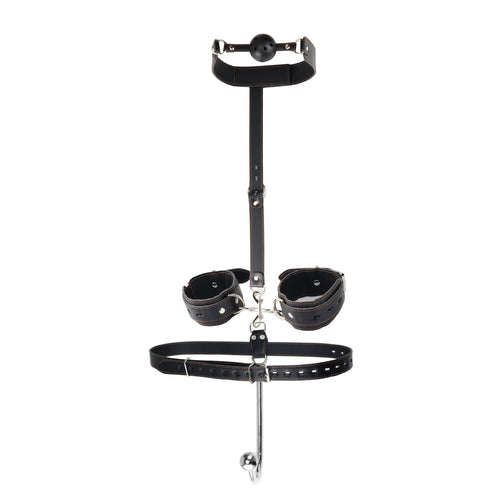 BDSM Anal Hook Bondage Kit Stainless Steel Metal Leather Handcuffs Ball Gag Mouth Gag Behind Back Restraints Couples SM Play