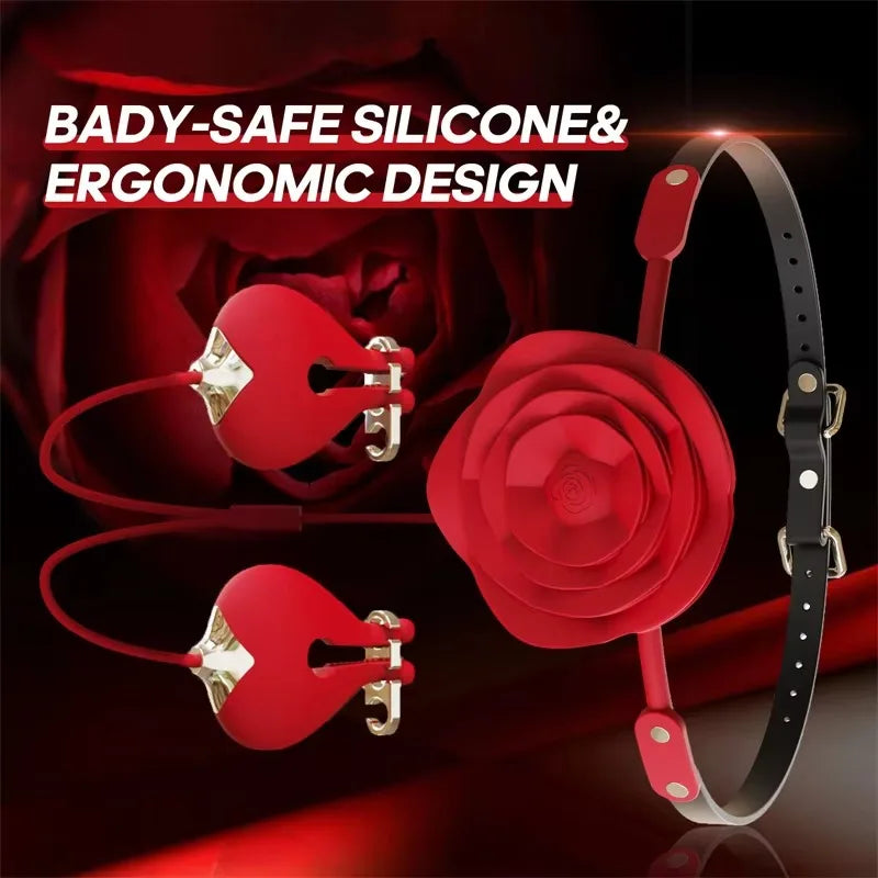 Sex Toy Set New Rose Mouth Ball Collar Leash Nipple Clamp Vibrator BDSM Couple Foreplay Masturbation Silicone Forced Orgasm