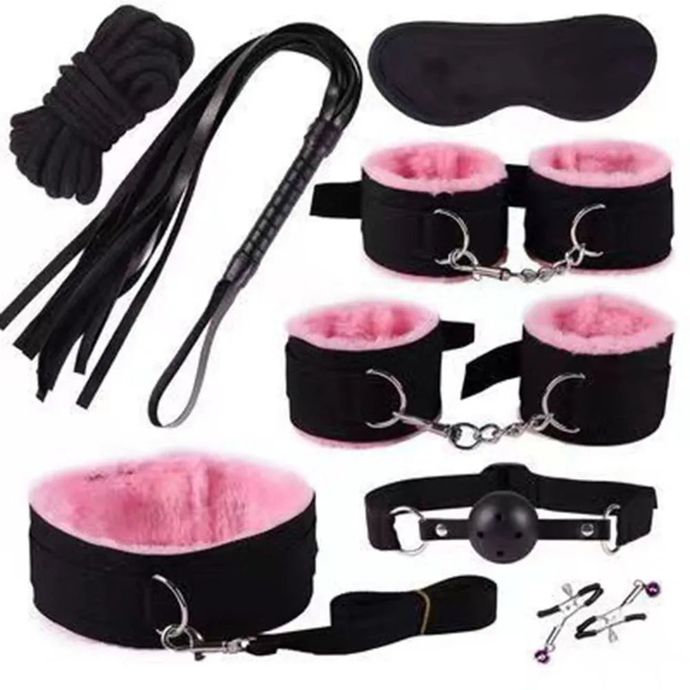 BDSM set handcuffs, foot shackles, metal anus plugs, vibration sticks, eye masks, sexy underpants, couple flirting bed bindings