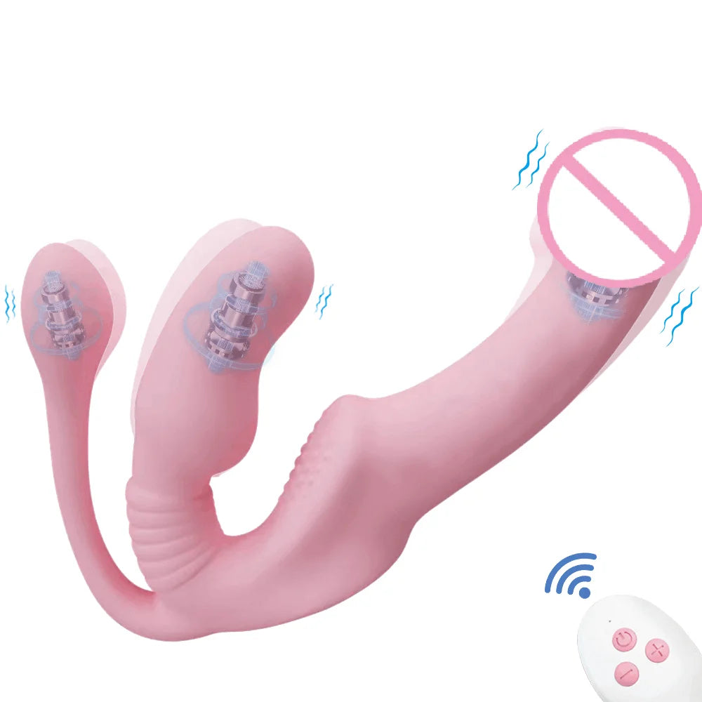 Strapless 3-in-1 Vibrating Toy for Couples G-Spot Climax Clitoris Stimulate Anal Plug Strap-on Dildo Massager Lesbian Sex Toys