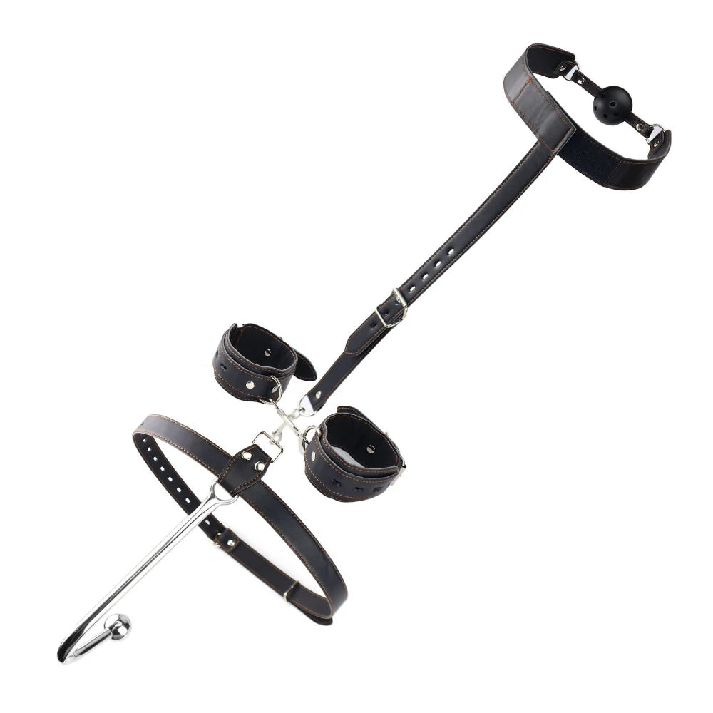 BDSM Anal Hook Bondage Kit Stainless Steel Metal Leather Handcuffs Ball Gag Mouth Gag Behind Back Restraints Couples SM Play