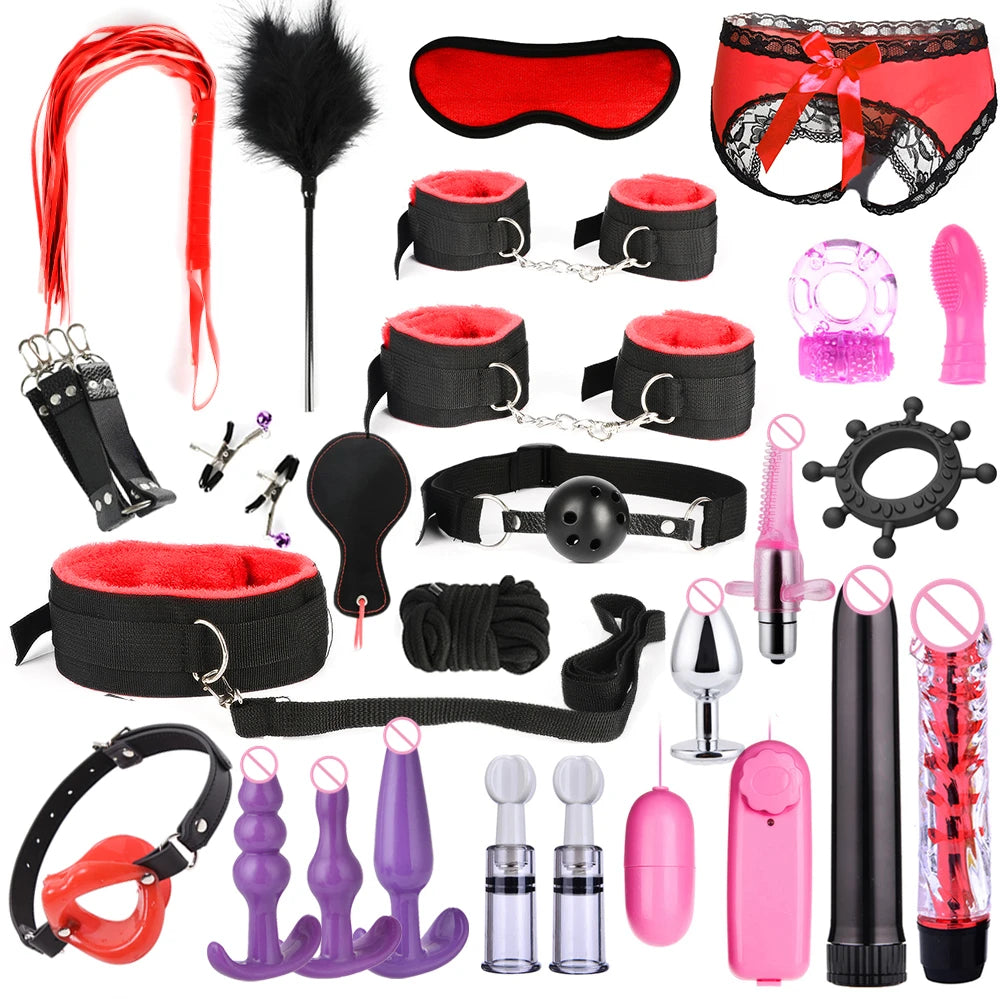BDSM set handcuffs, foot shackles, metal anus plugs, vibration sticks, eye masks, sexy underpants, couple flirting bed bindings