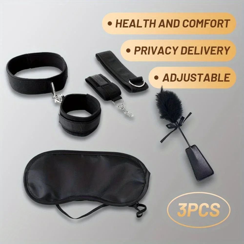 BDSM Set: Adjustable nylon hand and foot restraint straps + black eye mask + soft feather sapping, sensory restraint equipment