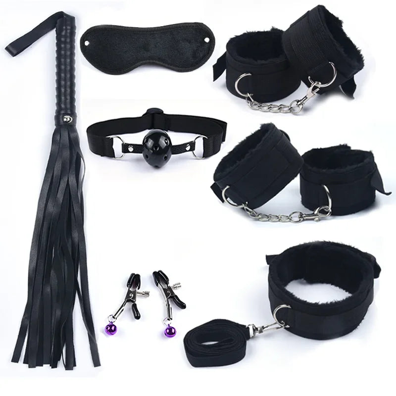 BDSM Set: Adjustable nylon hand and foot restraint straps + black eye mask + soft feather sapping, sensory restraint equipment