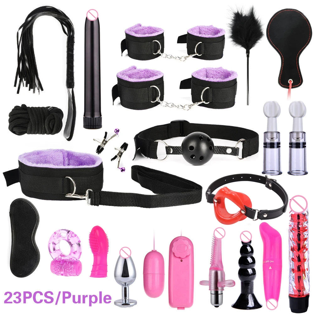BDSM set handcuffs, foot shackles, metal anus plugs, vibration sticks, eye masks, sexy underpants, couple flirting bed bindings