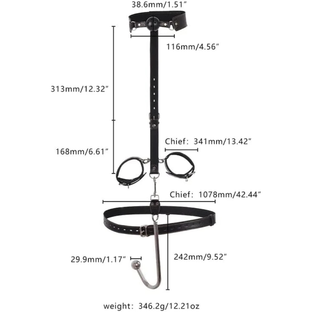 BDSM Anal Hook Bondage Kit Stainless Steel Metal Leather Handcuffs Ball Gag Mouth Gag Behind Back Restraints Couples SM Play
