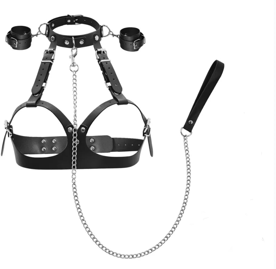 BDSM Adjustable Handcuffs Leg Cuffs PU Collar， Bra， Couple Toys BDSM Training Bondage Sex Toys SM Slave Props for Men and Women