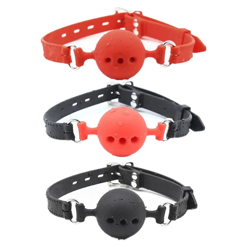 BDSM Silicone Gag Ball, Breathable Hollow Design with Adjustable Strap, Small Medium Large Size for Beginner Training