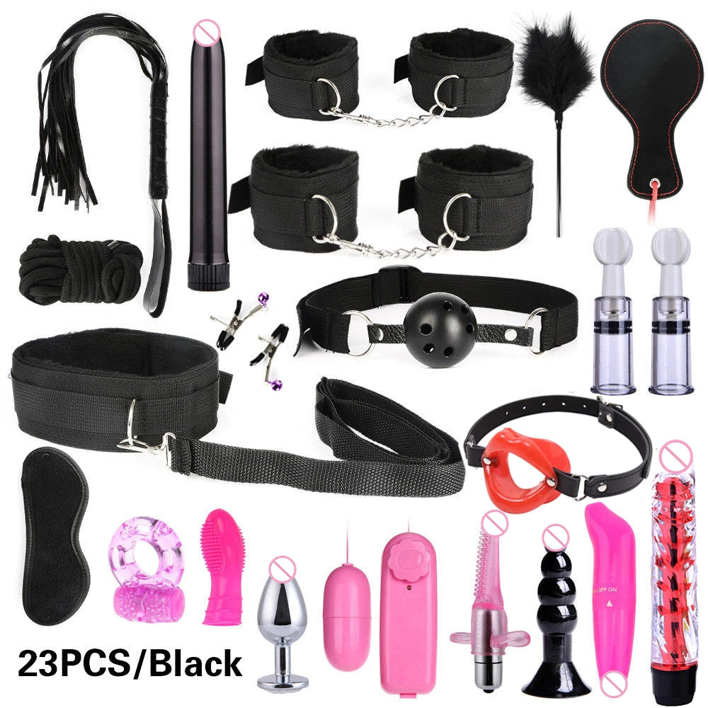 BDSM set handcuffs, foot shackles, metal anus plugs, vibration sticks, eye masks, sexy underpants, couple flirting bed bindings