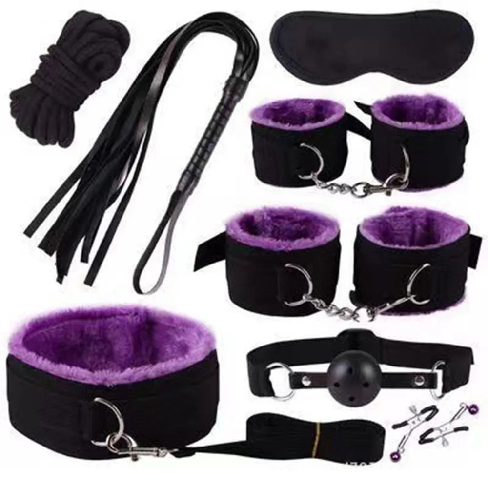 BDSM set handcuffs, foot shackles, metal anus plugs, vibration sticks, eye masks, sexy underpants, couple flirting bed bindings