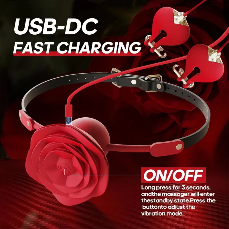 Sex Toy Set New Rose Mouth Ball Collar Leash Nipple Clamp Vibrator BDSM Couple Foreplay Masturbation Silicone Forced Orgasm