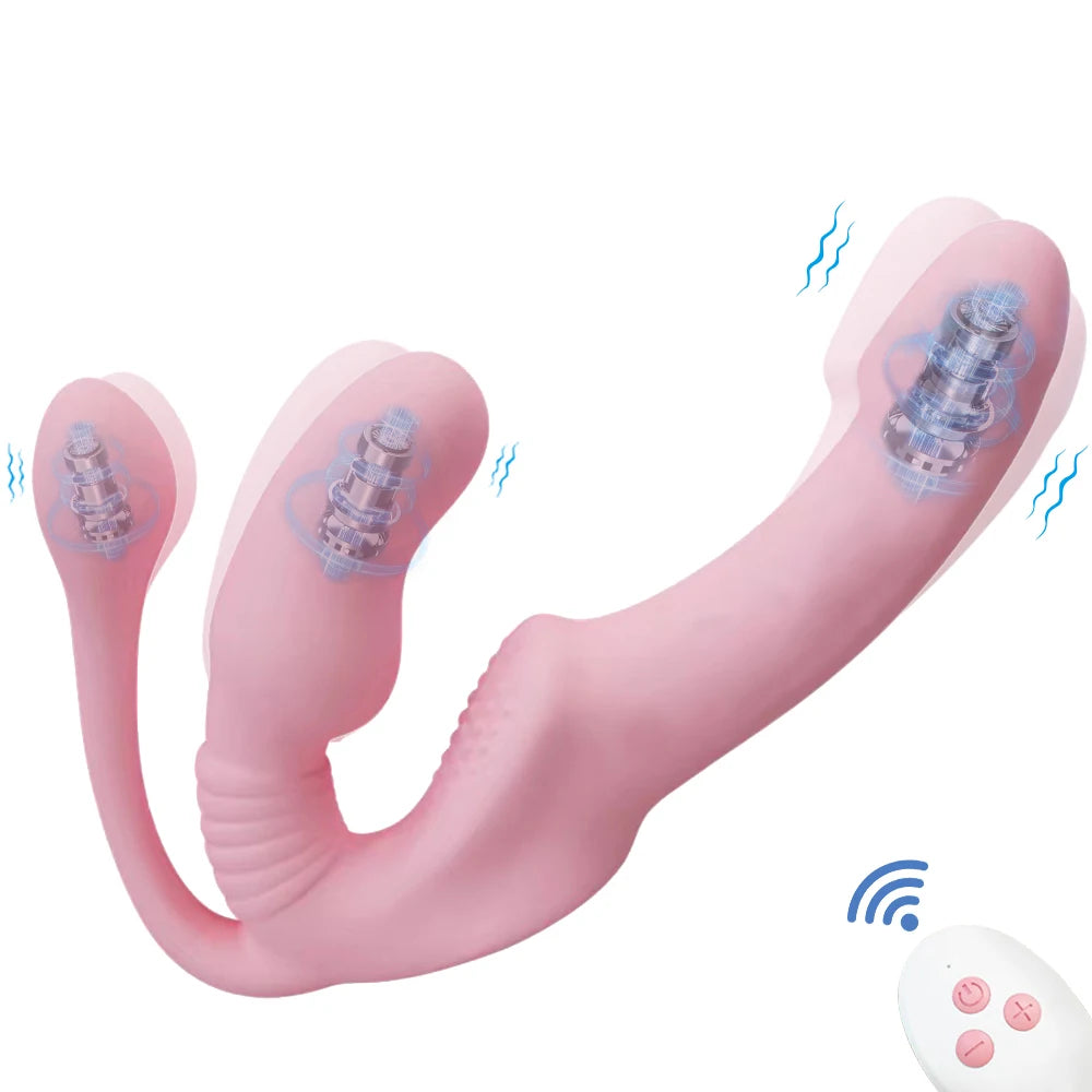 Strapless 3-in-1 Vibrating Toy for Couples G-Spot Climax Clitoris Stimulate Anal Plug Strap-on Dildo Massager Lesbian Sex Toys
