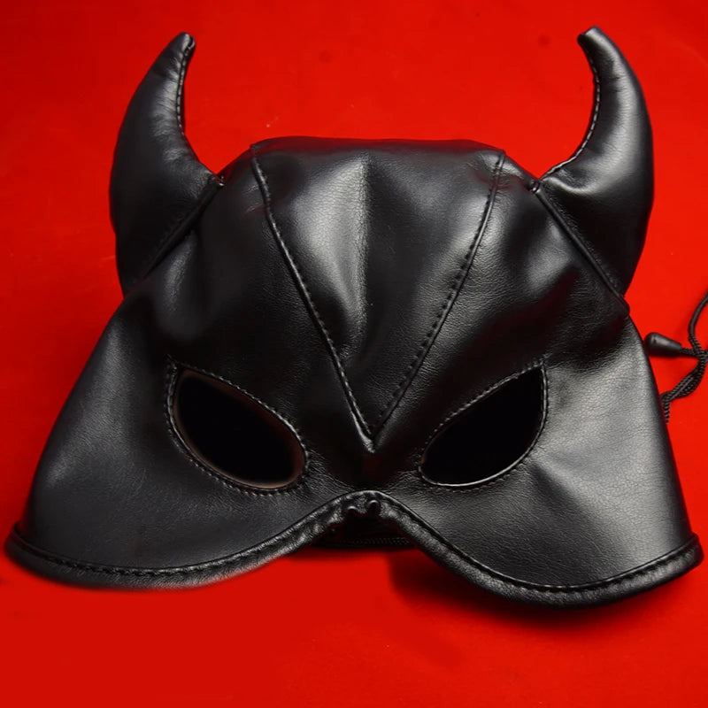 BDSM Mask PU Leather Open Eyes and Mouth,Slave Hood With Horns,Sex Toys for Couples,Bondage,Restraints,Adult Games,Roleplaying