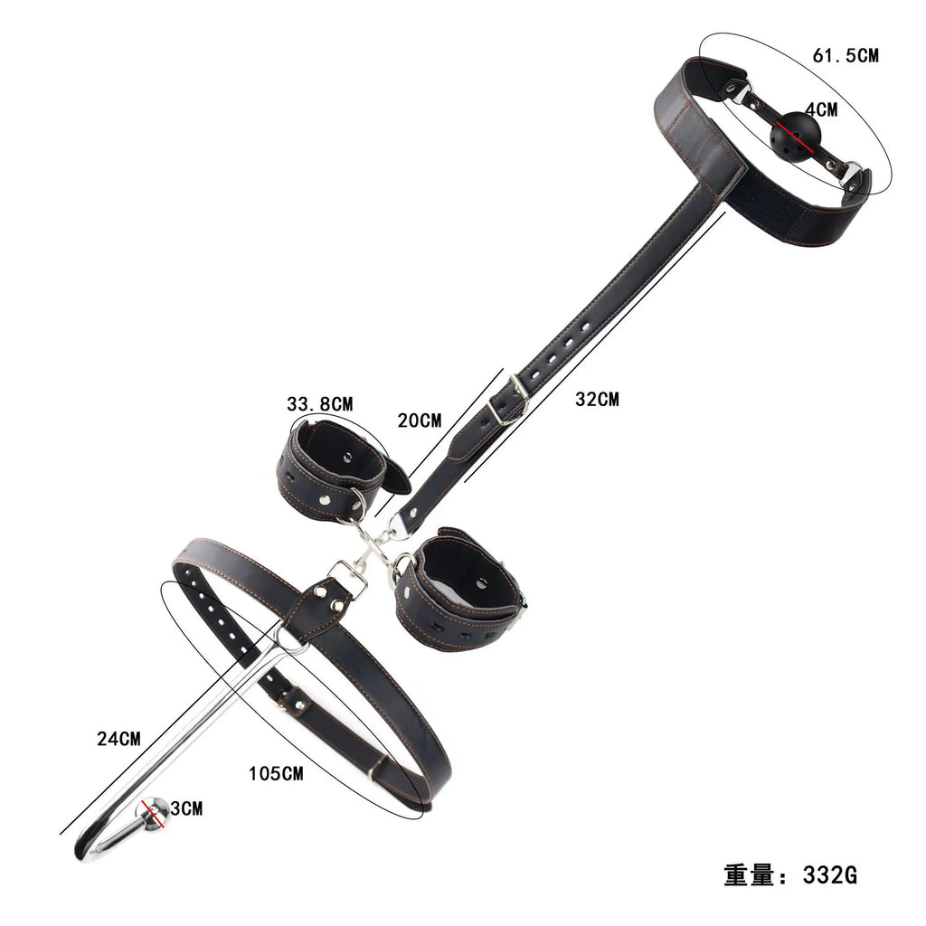 BDSM Anal Hook Bondage Kit Stainless Steel Metal Leather Handcuffs Ball Gag Mouth Gag Behind Back Restraints Couples SM Play