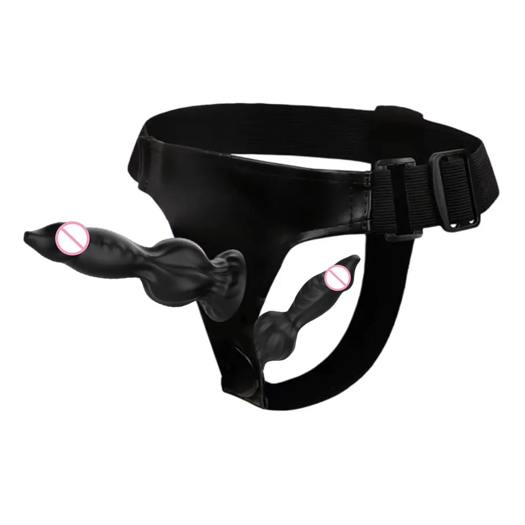 Adjustable Strap-On Harness with Double Dog's penis Attachment – Soft Silicone Strap On for Couples, Hands-Free Wearable Penetr
