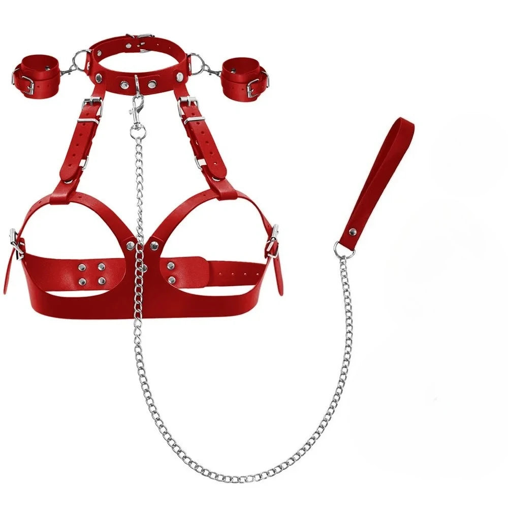 BDSM Adjustable Handcuffs Leg Cuffs PU Collar， Bra， Couple Toys BDSM Training Bondage Sex Toys SM Slave Props for Men and Women