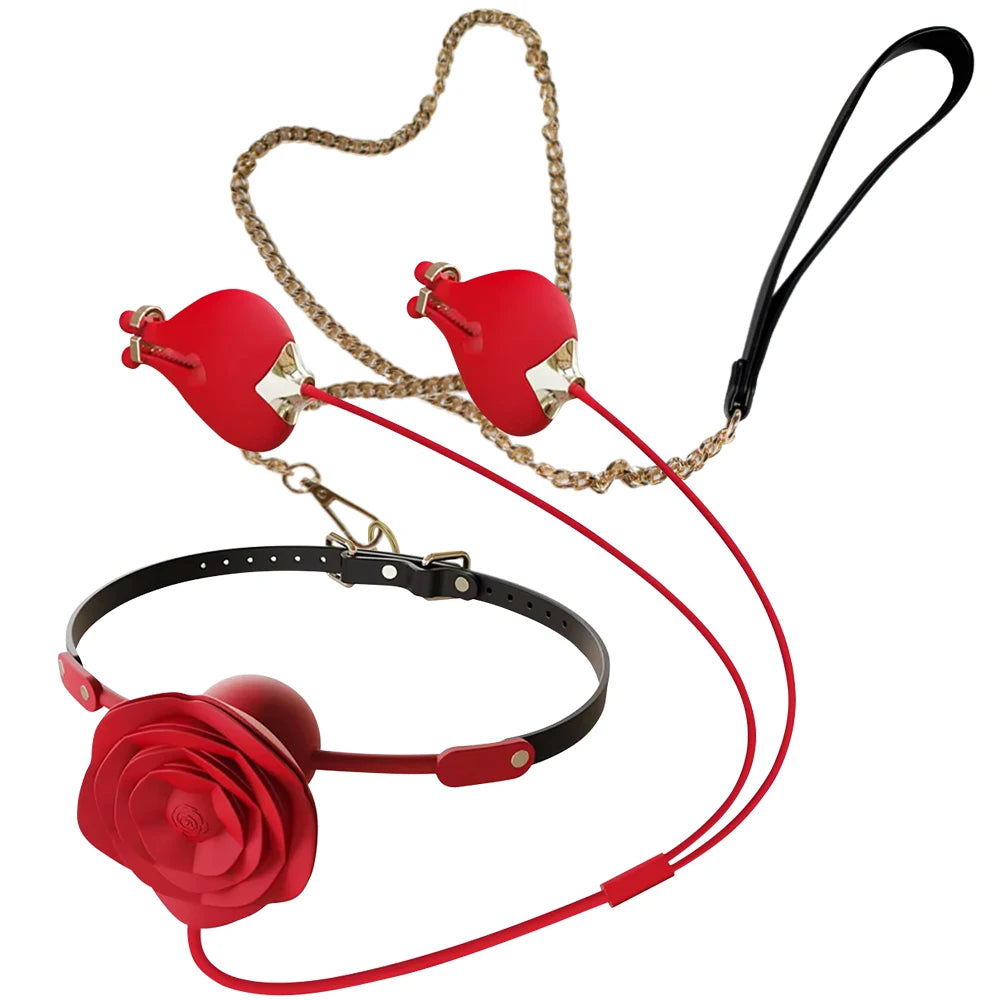 Sex Toy Set New Rose Mouth Ball Collar Leash Nipple Clamp Vibrator BDSM Couple Foreplay Masturbation Silicone Forced Orgasm