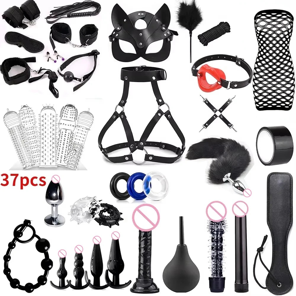 BDSM set handcuffs, foot shackles, metal anus plugs, vibration sticks, eye masks, sexy underpants, couple flirting bed bindings