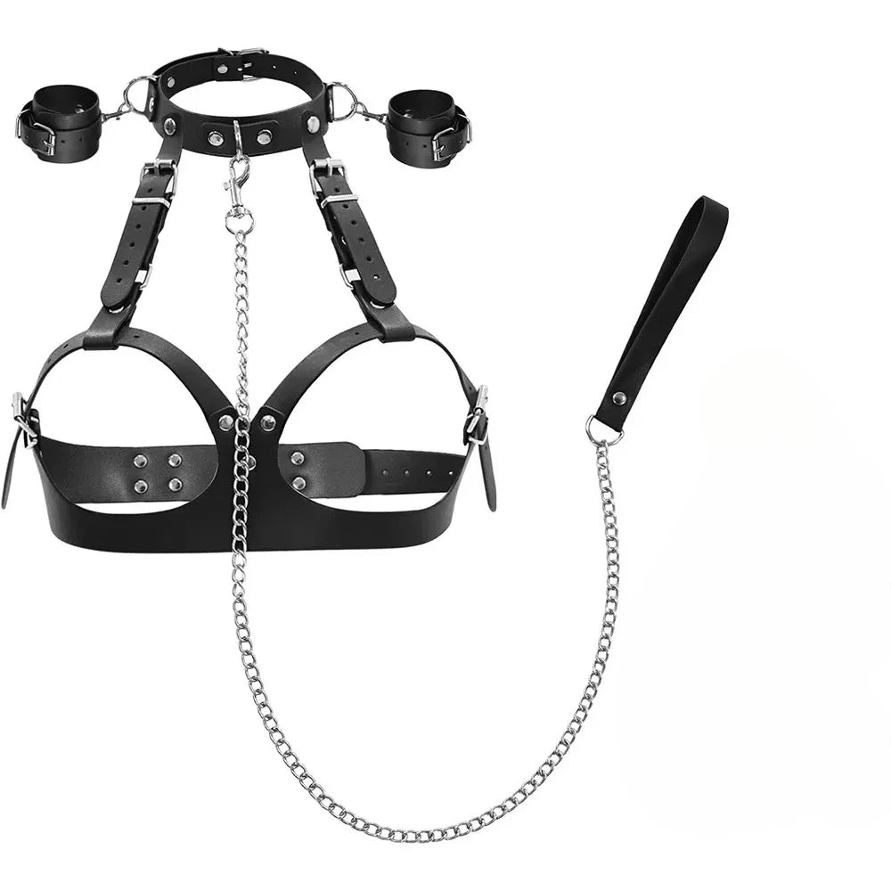 BDSM Adjustable Handcuffs Leg Cuffs PU Collar， Bra， Couple Toys BDSM Training Bondage Sex Toys SM Slave Props for Men and Women