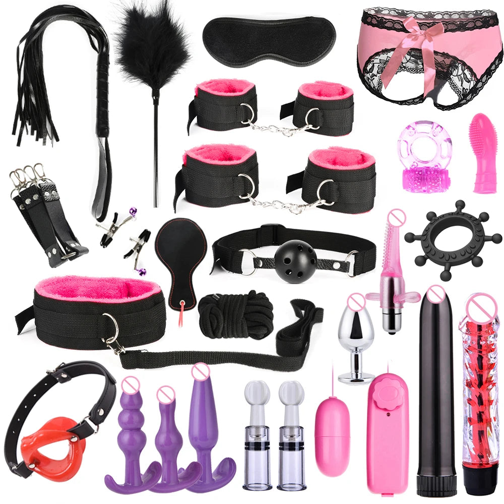 BDSM set handcuffs, foot shackles, metal anus plugs, vibration sticks, eye masks, sexy underpants, couple flirting bed bindings