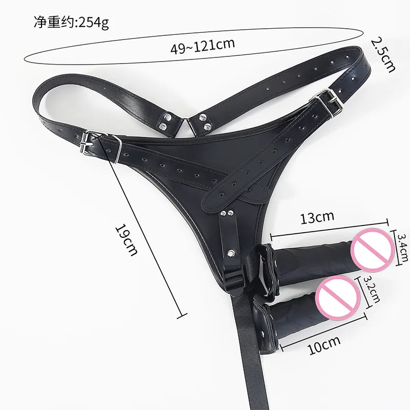 Adult Sex Toys For Women Sex Bondage Strap Adult Games Wear Tight Leather Pants With  Two Fake Silicone Dildos SM Anal Plug