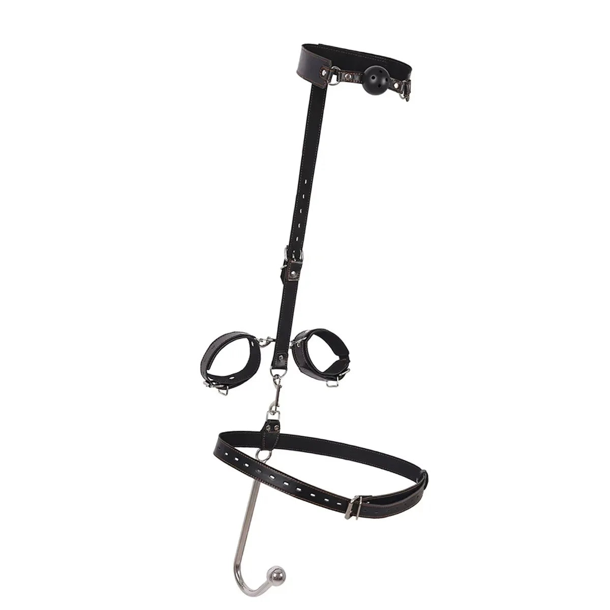 BDSM anal hook leather set, sex assist position, metal hook restraint, belt mouth plug handcuffs, adult sex toys