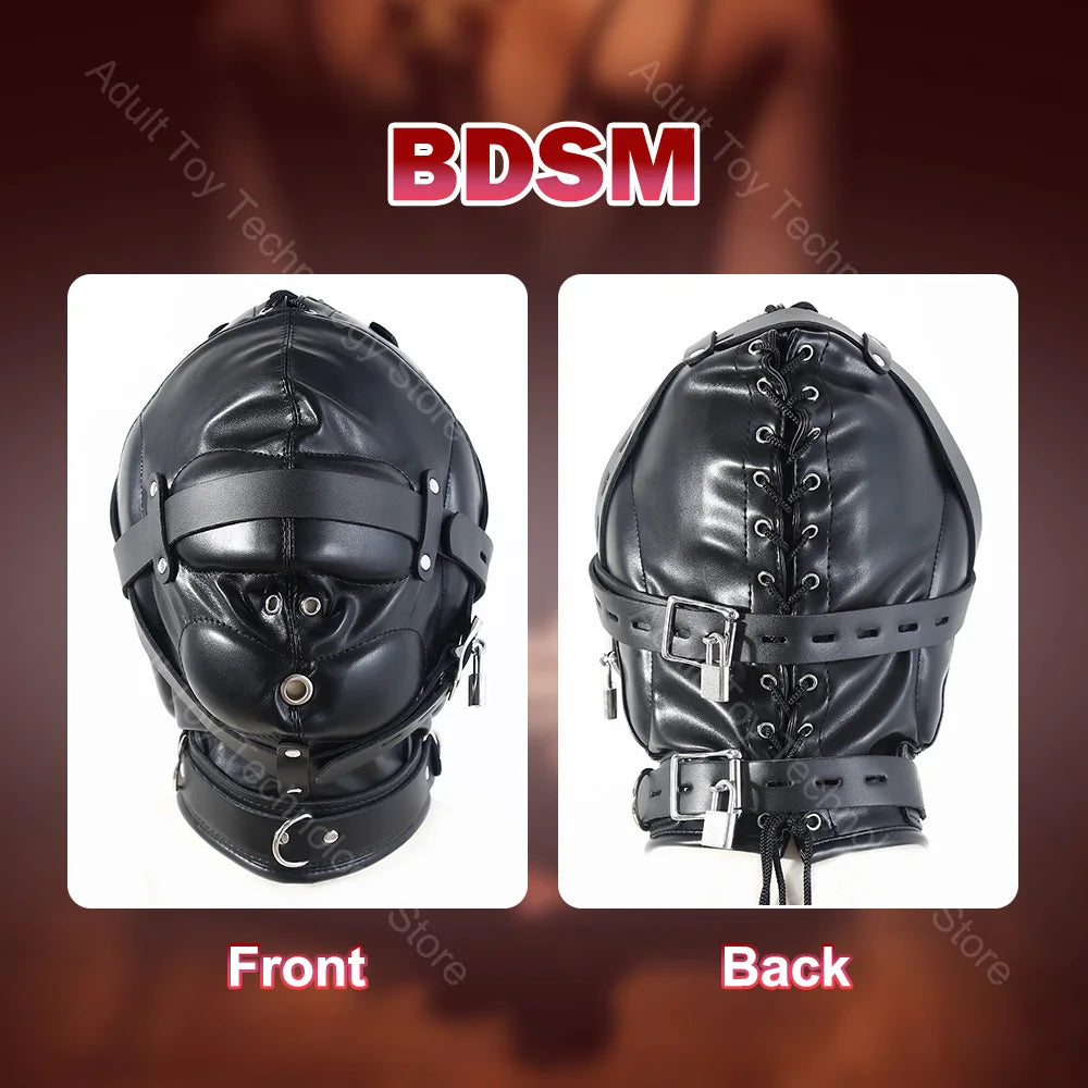 BDSM Leather Hood, Adjustable Full Head Coverage, Sadistic Sex Game, Punishment,BDSM Bondage Training,Adult Sex Toys for Couples