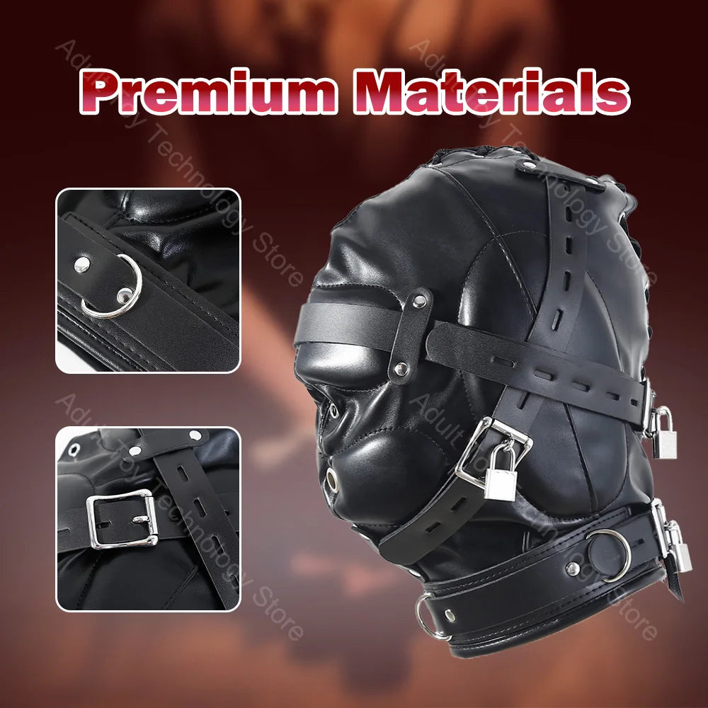 BDSM Leather Hood, Adjustable Full Head Coverage, Sadistic Sex Game, Punishment,BDSM Bondage Training,Adult Sex Toys for Couples