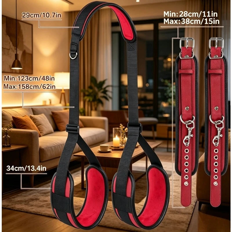 BDSM Binding Strap Set.Red Binding Strap.Adult Games. Split Leg Strap Neck Wrist SM Toy Accessories. Unisex. Adult Products 18+