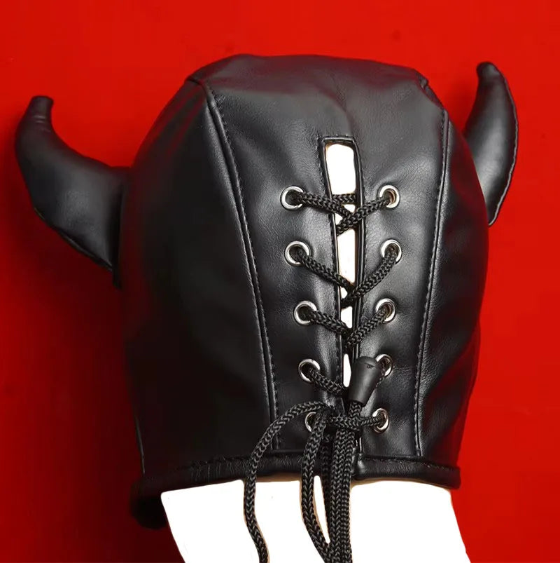 BDSM Mask PU Leather Open Eyes and Mouth,Slave Hood With Horns,Sex Toys for Couples,Bondage,Restraints,Adult Games,Roleplaying