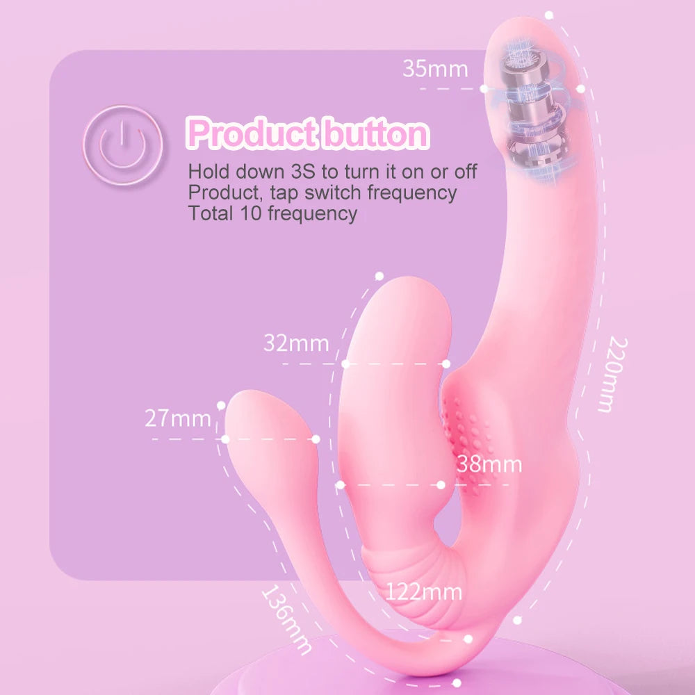 Strapless 3-in-1 Vibrating Toy for Couples G-Spot Climax Clitoris Stimulate Anal Plug Strap-on Dildo Massager Lesbian Sex Toys