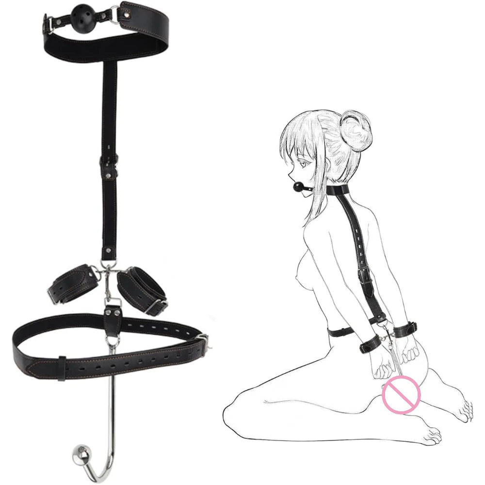 BDSM Anal Hook Bondage Kit Stainless Steel Metal Leather Handcuffs Ball Gag Mouth Gag Behind Back Restraints Couples SM Play