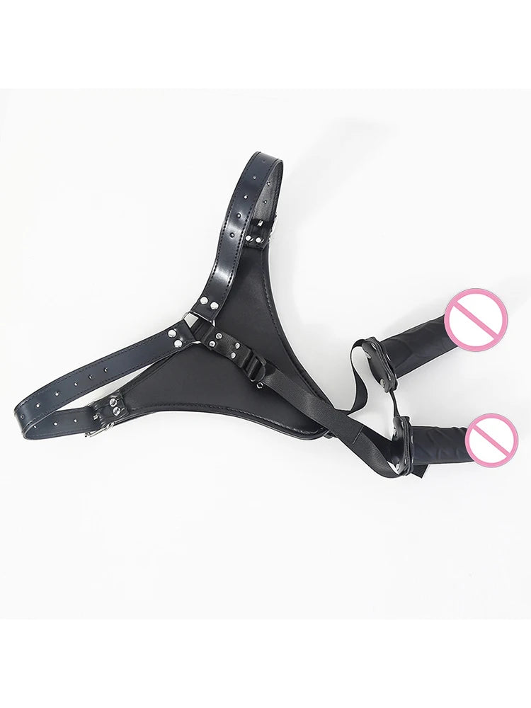 Adult Sex Toys For Women Sex Bondage Strap Adult Games Wear Tight Leather Pants With  Two Fake Silicone Dildos SM Anal Plug