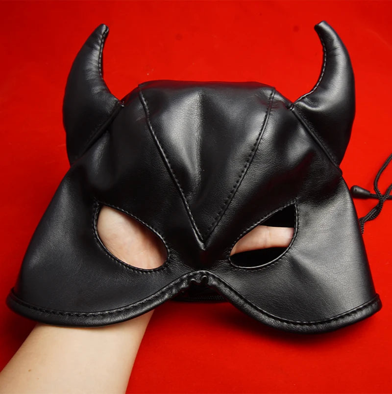 BDSM Mask PU Leather Open Eyes and Mouth,Slave Hood With Horns,Sex Toys for Couples,Bondage,Restraints,Adult Games,Roleplaying